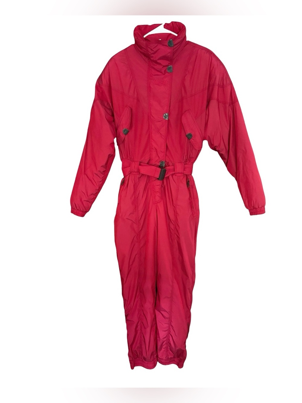 Vintage 80s/90s La Font Women’s Red One-Piece Ski Suit with Belt